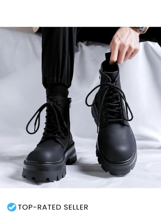 Men\'s Leather Lace-Up Platform Combat Boots Side Zipper Wide Toe Lug Sole Ankle main image 4